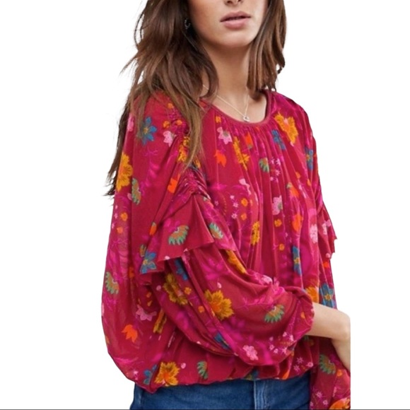 Free People Stretch Mesh Floral Ruffle Blouse Size L - Picture 4 of 4